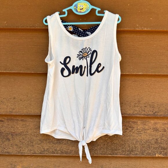 Lily Bleu White Sleeveless Tie-Front Tank Top With "Smile" Daisy Graphic Womens - Picture 1 of 9